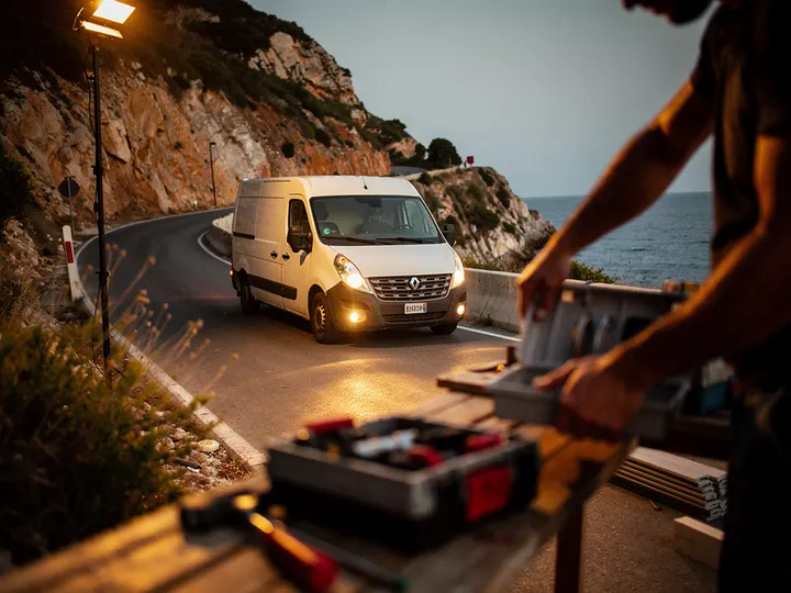 Camionnette en route vers une mission au crepuscule