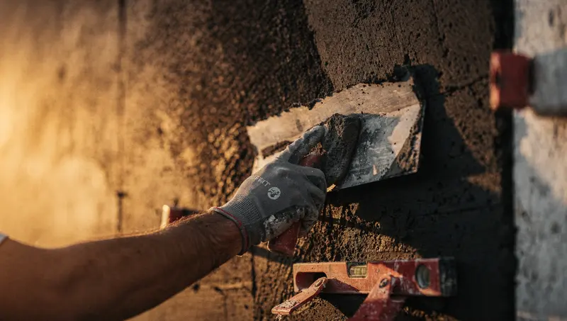 Main d'artisan lissant un enduit au couteau, lumière chaude