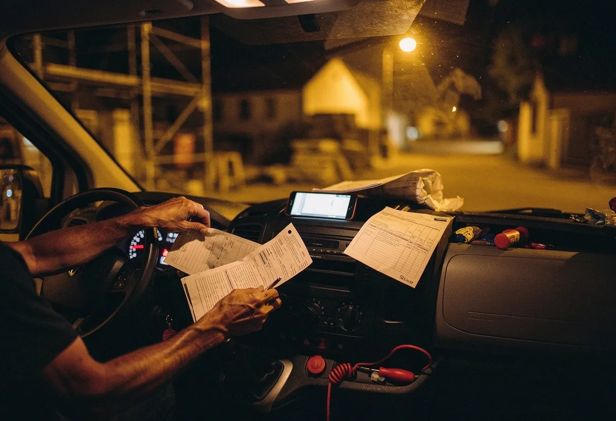 Le soir dans la camionnette : factures et papiers sur le tableau de bord